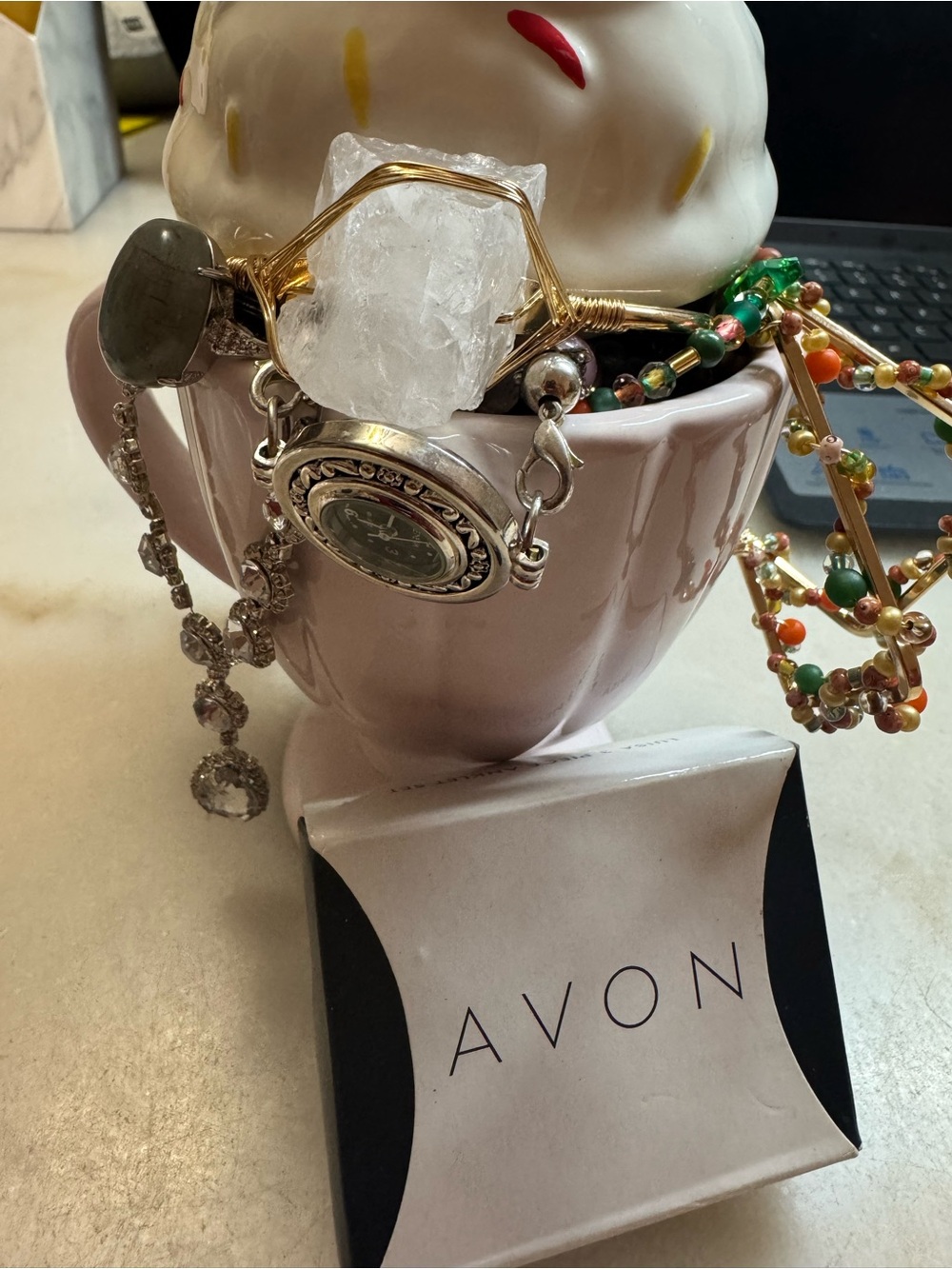 Pink Ceramic Cup with Multicolor Beaded Necklace and Gold Accents(CROSS POSTED)
